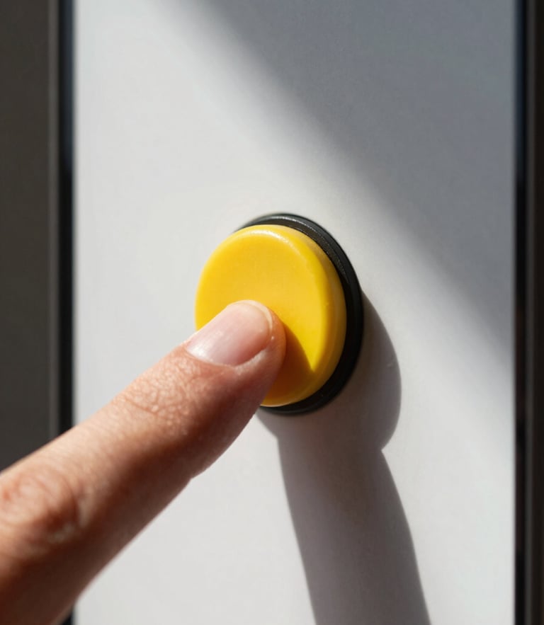 Macro shot of a finger tapping a large, sunny yellow toggle switch on a clean Android screen, bright daylight casting a bold geometric shadow.