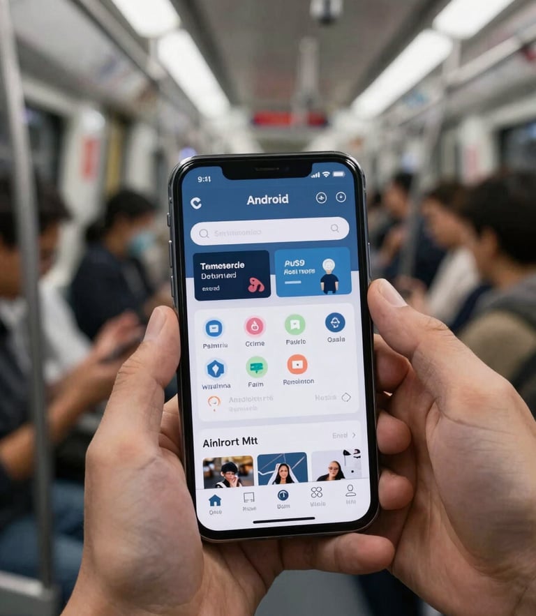 An Android phone held by diverse hands in a bright subway car, showing a high-contrast utility app interface in natural light