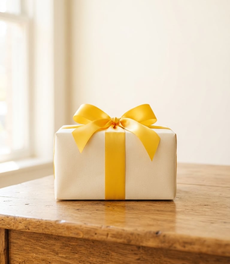 Bright retail product photography of a beautifully wrapped gift box with a yellow ribbon on a warm wooden table, soft window light, clean cream background