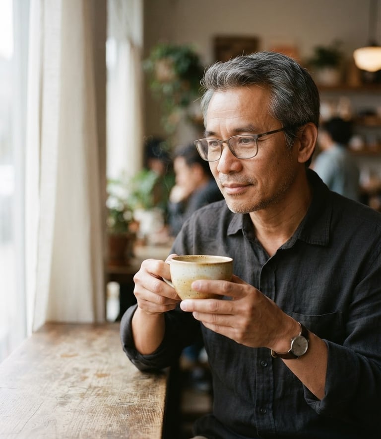 A reflective medium close-up of Nguyen Le holding a warm ceramic coffee cup, soft window daylight, muted cream and espresso tones, shallow depth of field, 35mm film.