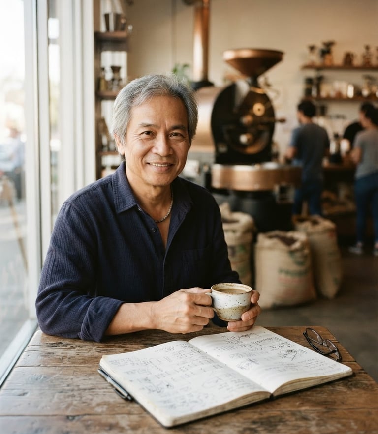 Reflective portrait of Nguyên Lê smiling, holding a ceramic coffee cup, warm window light, open illustrated notebook on a wooden table, soft focus coffee roaster in the background, 35mm film style