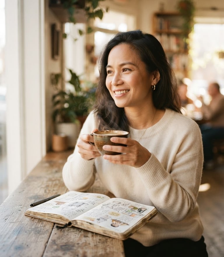 A reflective medium close-up of Nguyen Le smiling gently, holding a warm ceramic coffee cup next to an open illustrated notebook on a rustic wooden table, soft morning window light, warm cream and espresso tones, shallow depth of field