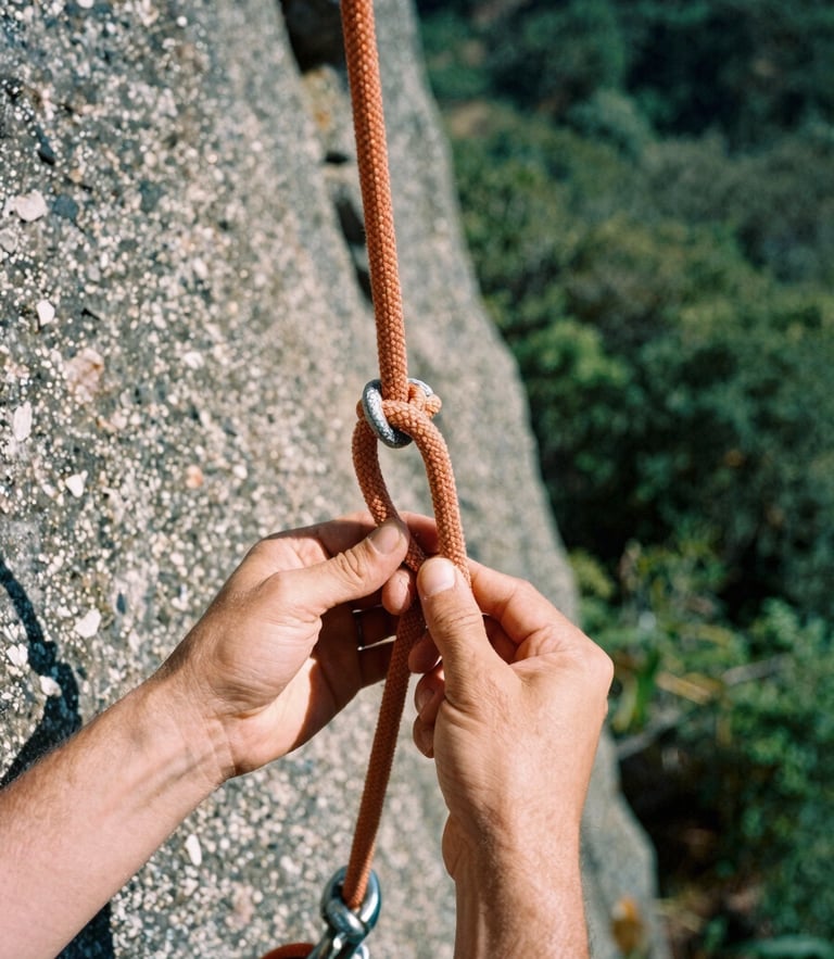 Tight macro shot of hands tying a figure-eight knot on a dynamic safety orange climbing rope, textured grey rock wall in the background, harsh natural sunlight, rugged outdoor photography, 35mm film.