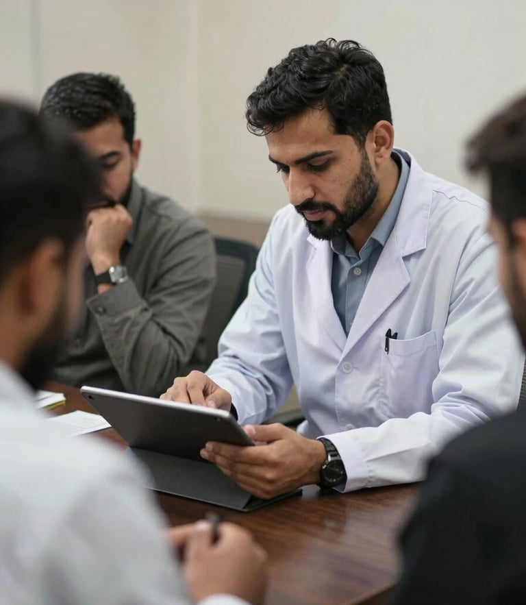A professional Afghan researcher in Kabul reviewing data on a tablet with colleagues, natural diffused daylight, professional documentary photography style.
