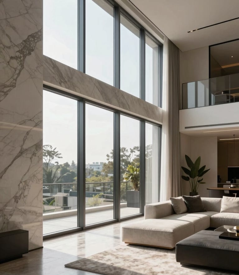 A crisp, straight-line vertical architectural photograph of a luxury modern living room with floor-to-ceiling windows, natural afternoon light casting soft shadows, minimal furniture, high-end marble details.