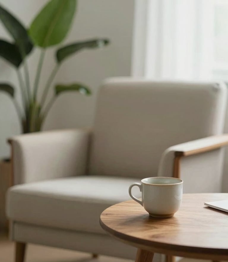 A quiet, warm therapist's workspace with soft diffused daylight, a comfortable armchair, a green plant, and a ceramic cup on a wooden table, shallow depth of field, 35mm