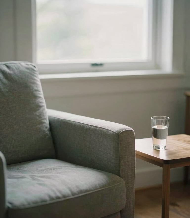 A quiet, sunlit therapist's consulting room with a comfortable fabric armchair, a small wooden side table with a glass of water, soft diffused overcast daylight coming through a window, shallow depth of field, 35mm.