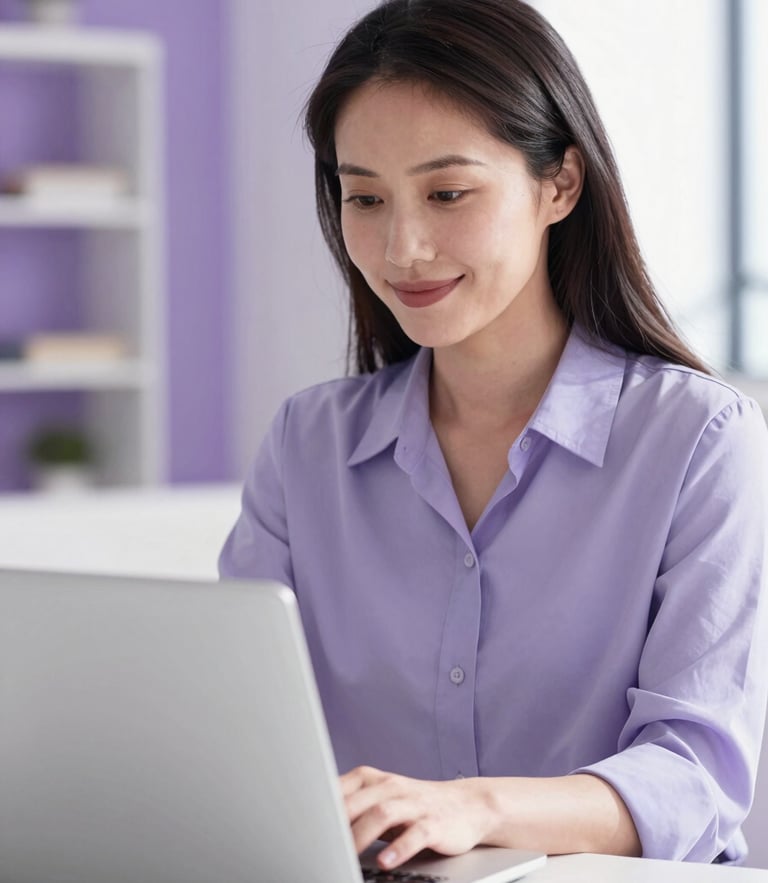 A close-up of a professional woman sitting in a sunlit modern apartment, looking at her laptop screen with a calm, satisfied smile, shallow depth of field, soft purple tones.