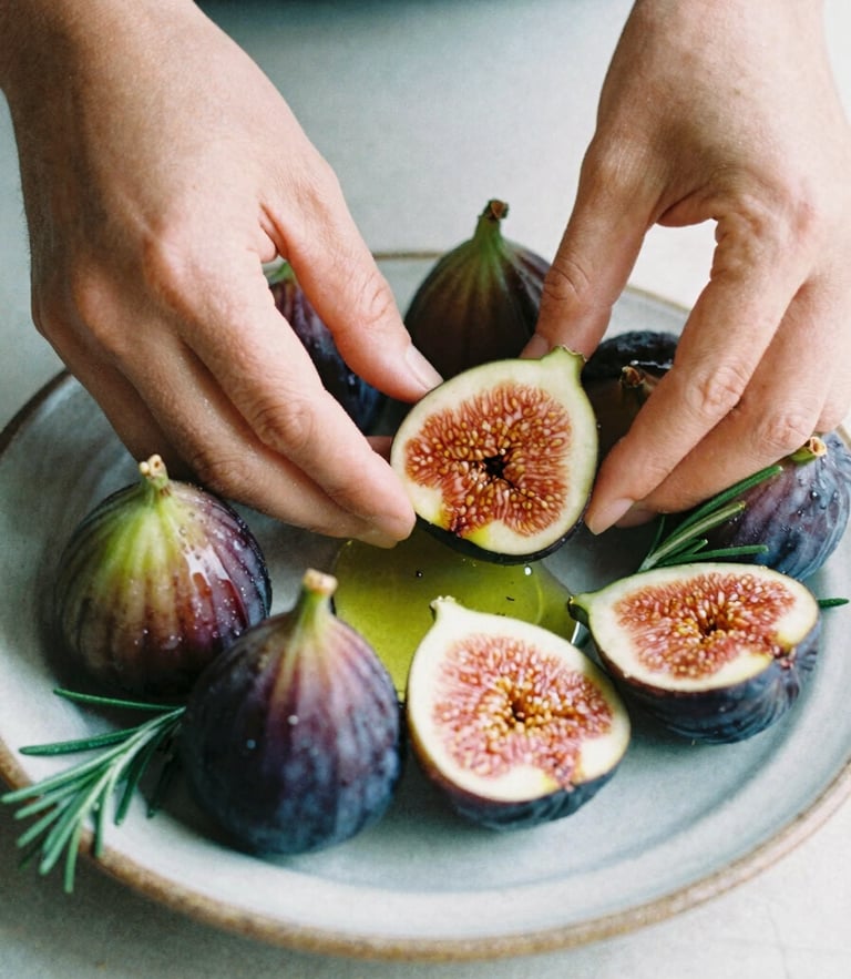 A close-up shot of hands arranging fresh figs, rosemary, and Greek olive oil on a rustic ceramic plate, soft natural daylight, moody shadows, 35mm film.