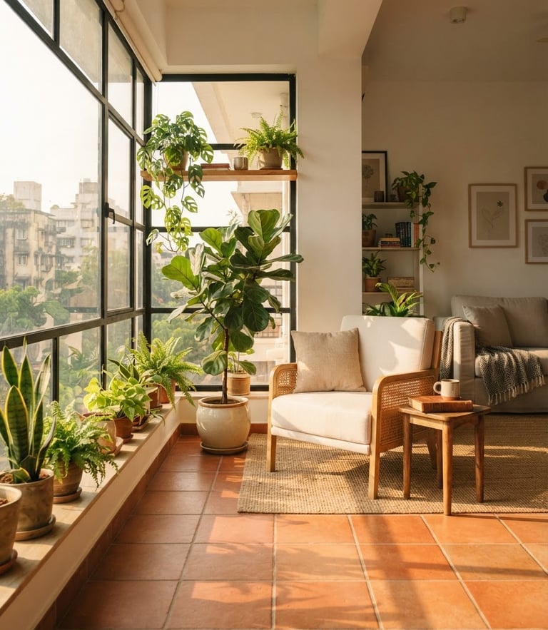 Bright modern Mumbai apartment interior with warm sunlight streaming through a large window, highlighting elegant terracotta tiles and green plants, warm editorial photography style.
