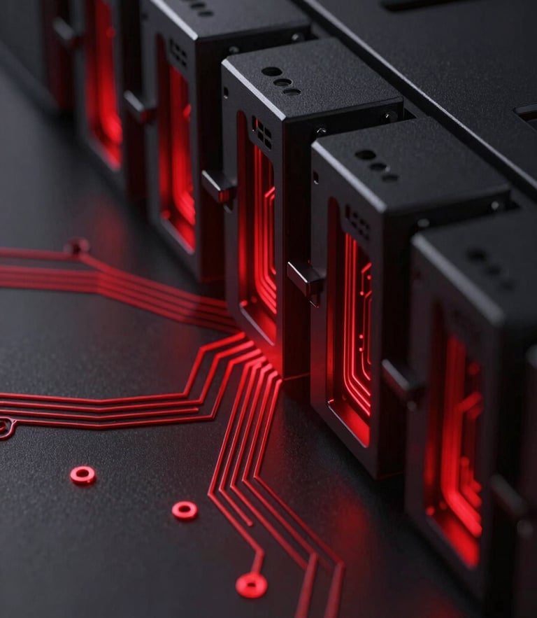 Macro shot of high-performance server hardware, dark metallic surfaces, sharp crimson red ambient light glowing along circuit paths, octane render