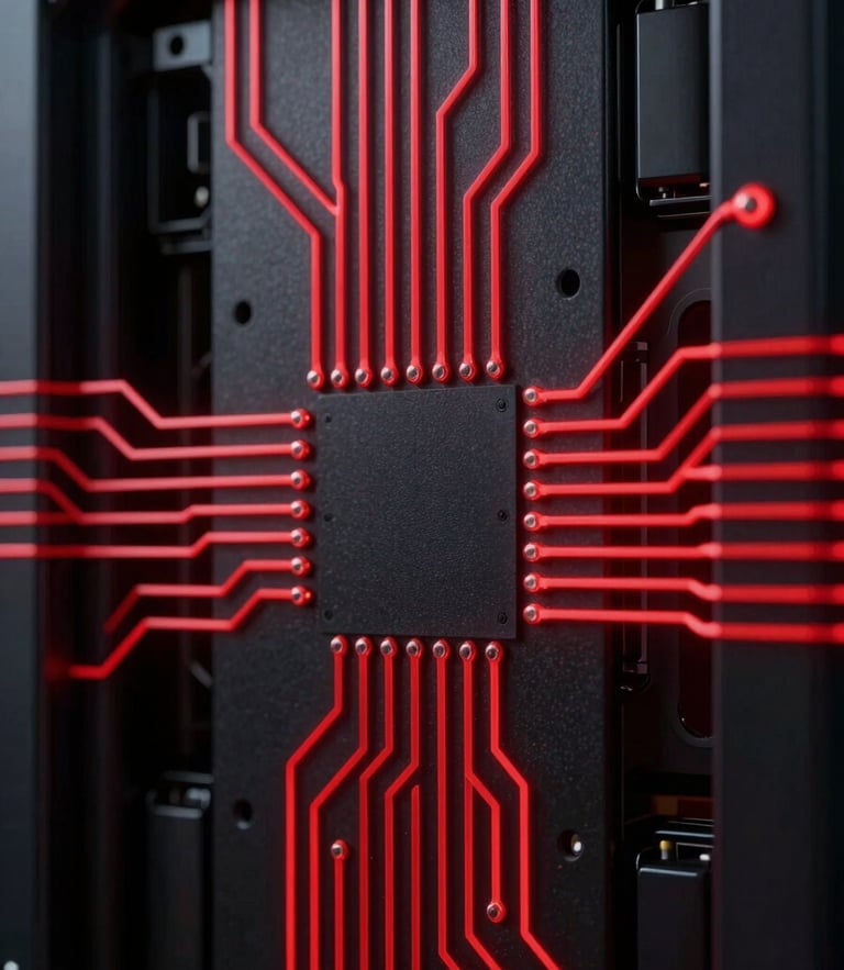 Macro close-up of dark metallic server chassis, sharp crimson red light paths tracing circuitry, high-contrast, octane render