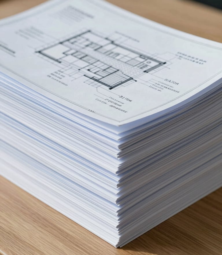 A stack of structured research documents and architectural blueprints on a wooden desk, clean lines, cool blue tones, sharp focus, 35mm