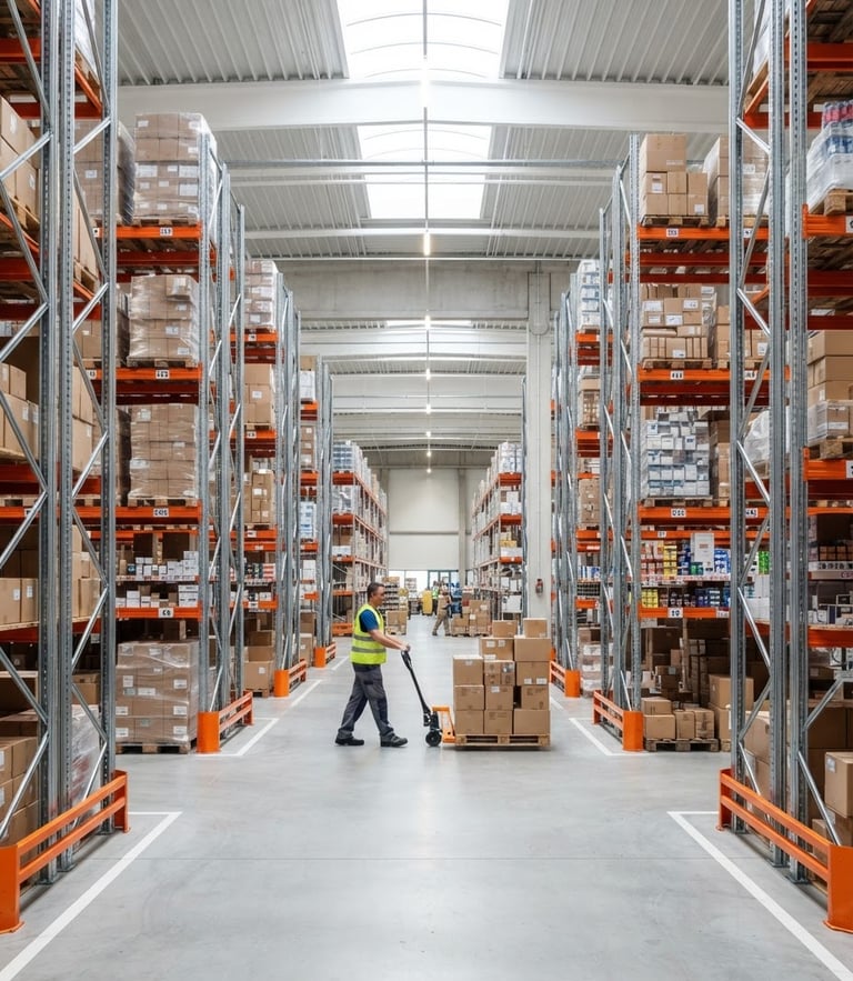 Straight-on medium shot of a pristine logistics hub with structured shelving, bright natural daylight, clean high-contrast tones, 35mm lens