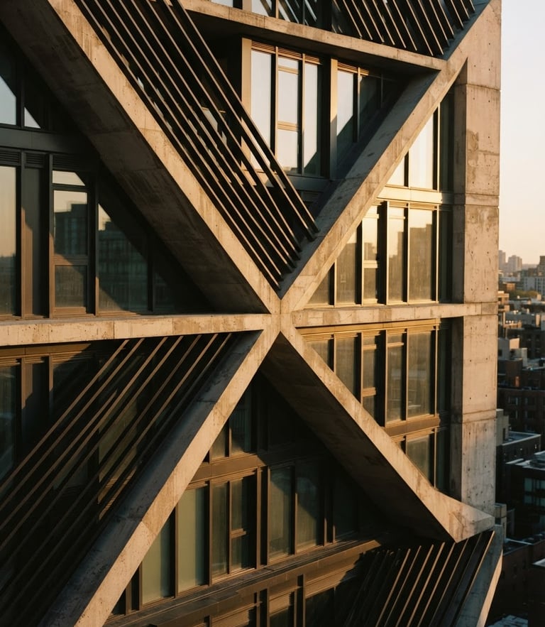 Sharp geometric architectural detail of a modern concrete building facade with clean diagonal lines, golden hour sunlight casting deep shadows, warm editorial 35mm photography
