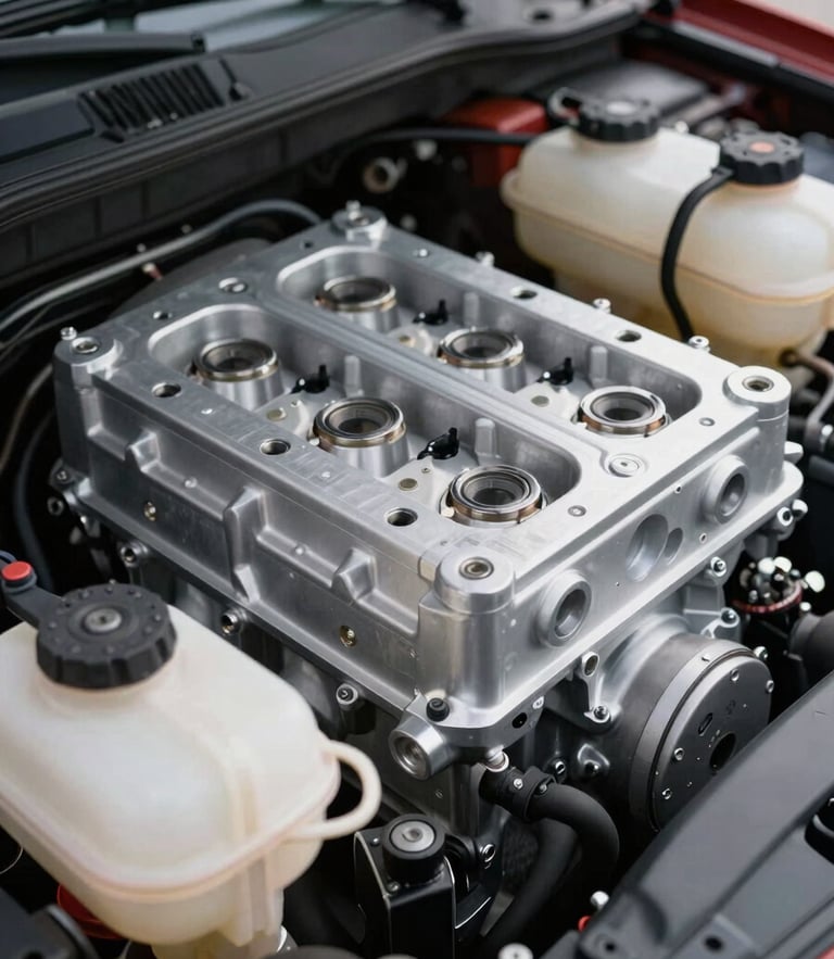 High-detail macro shot of a clean, dust-free modern engine bay, focus on the aluminum block and pristine fluid reservoirs, soft overcast daylight.