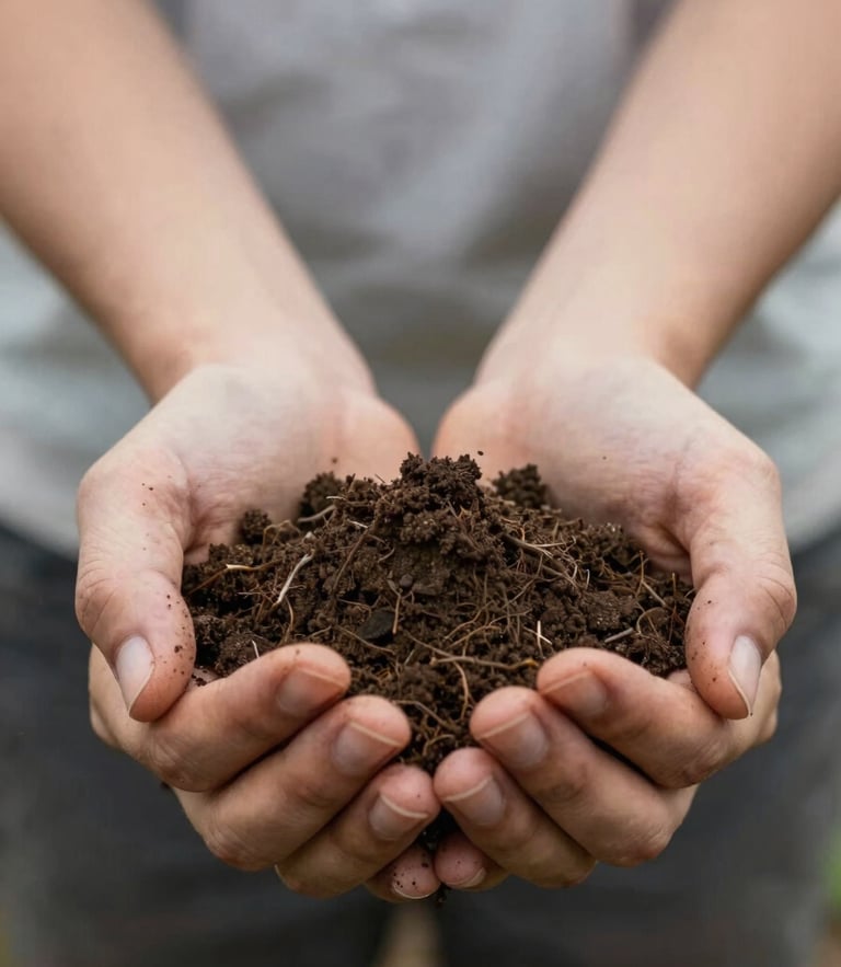 Hands holding rich, dark regenerative farm soil under soft overcast daylight, documentary editorial photography style