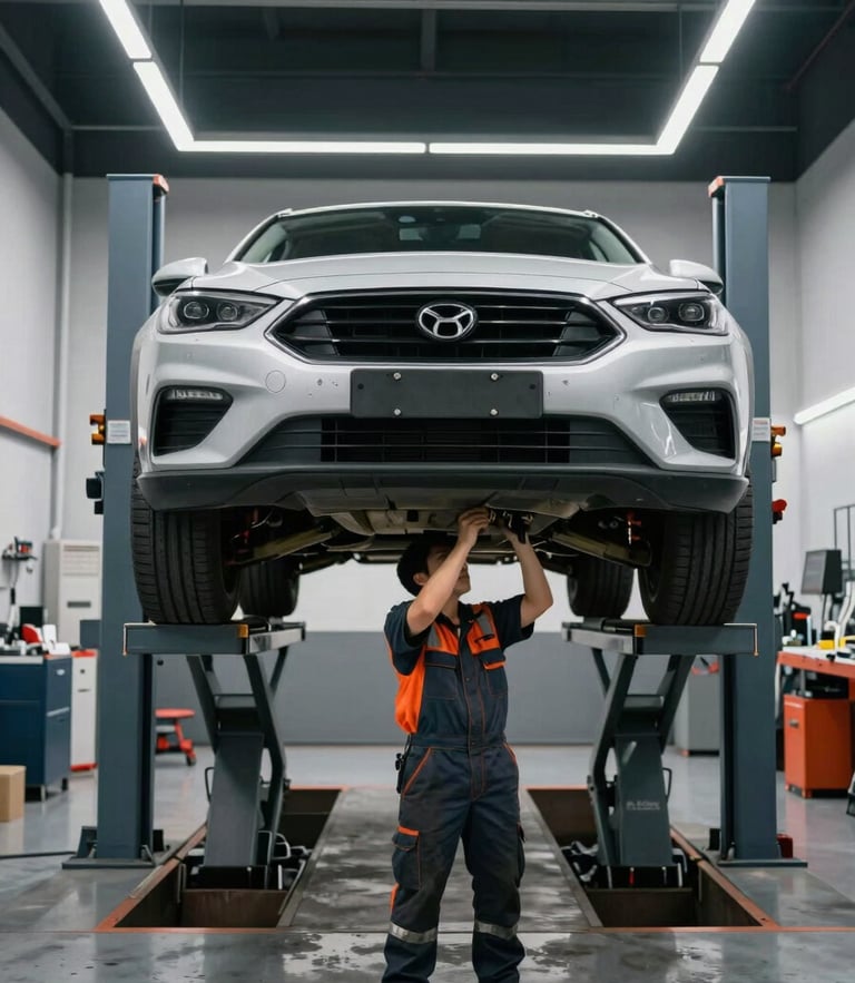 Straight-on eye-level view of a clean modern auto workshop bay with LED lighting, a car raised on a lift, a mechanic focused on inspecting the undercarriage, safety orange accents visible.
