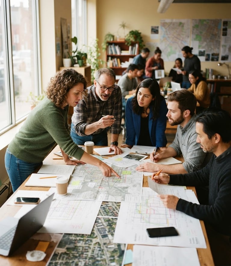 A candid medium-wide shot of local community planners collaborating around a large table with maps and architectural blueprints, warm interior window light, 35mm lens, documentary style