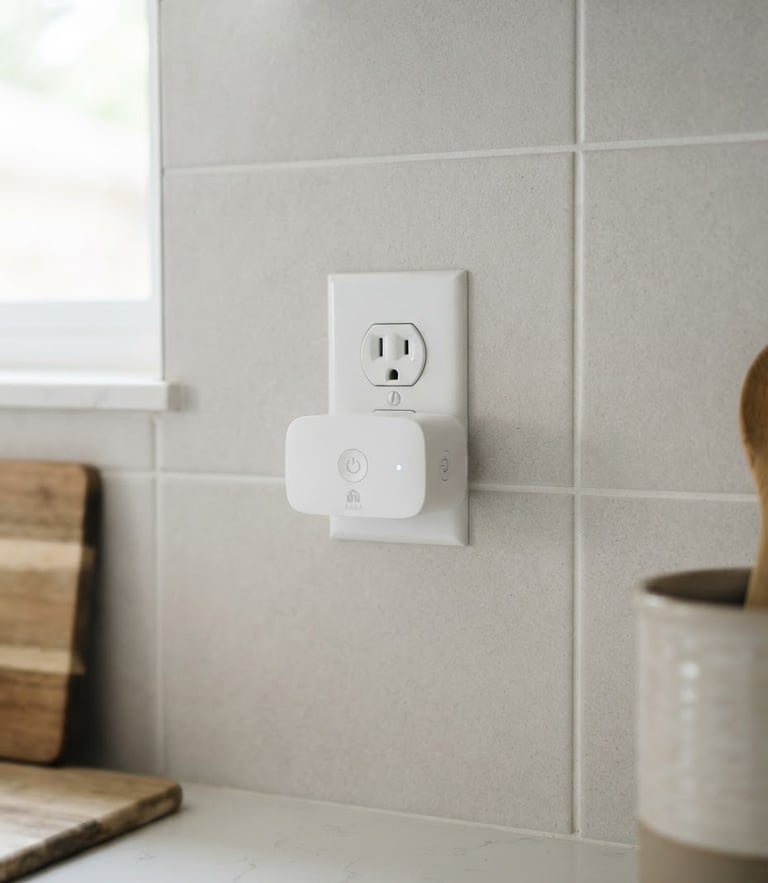 A modern smart plug plugged into a clean kitchen wall outlet, soft natural daylight, minimalist home interior, sharp focus