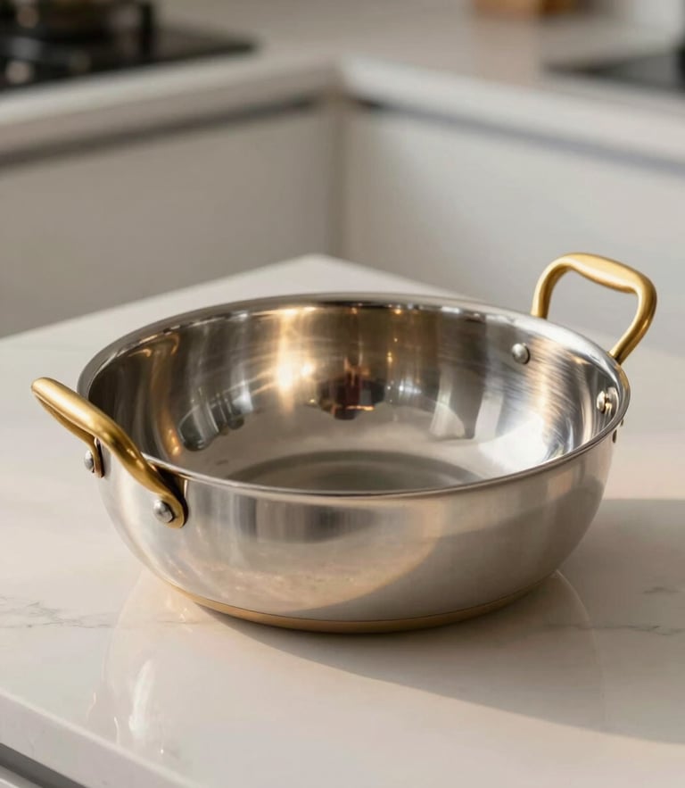 Gleaming triply stainless steel kadai with elegant brass handles, warm golden-hour side light reflecting off the polished surface, shallow depth of field