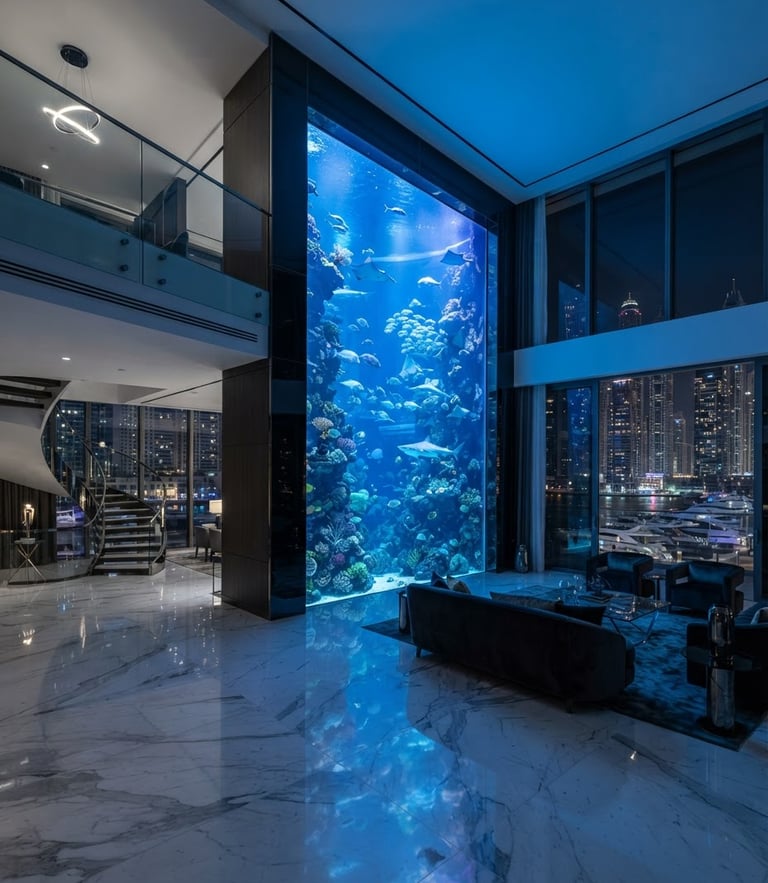 Wide-angle architectural photograph of a massive, minimalist custom aquarium integrated into a double-height luxury penthouse wall in Dubai Marina, dramatic interior lighting, soft blue reflections on polished marble floors
