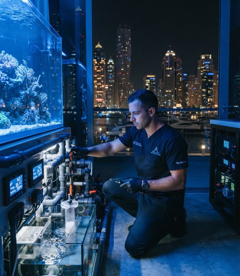 A professional marine technician in a minimalist dark uniform adjusting a high-tech filtration system inside a luxury Dubai Marina penthouse, dramatic aquarium lighting casting soft blue reflections on polished concrete, 35mm.