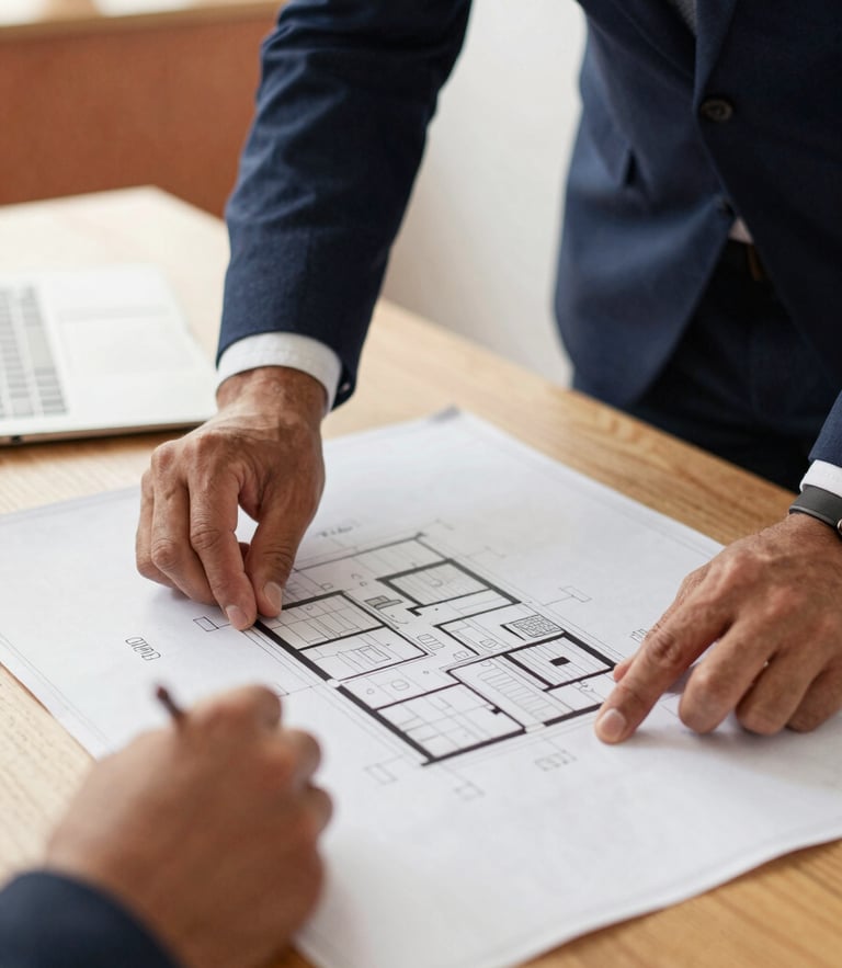 Close-up of hands reviewing architectural blueprints on a wooden table in a brightly lit San Isidro office, warm corporate editorial photography, 35mm