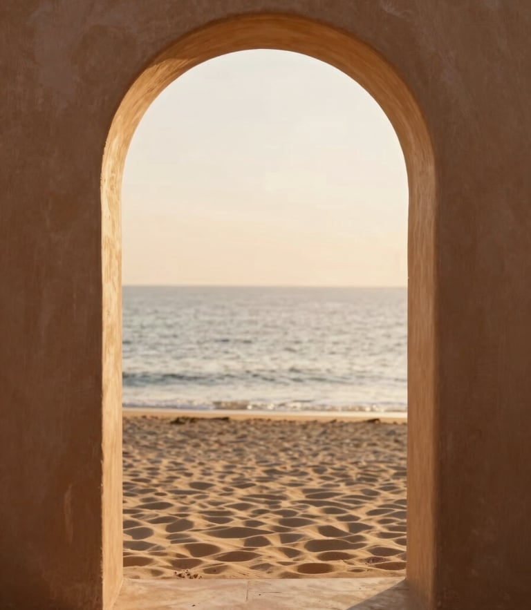 An elegant archway opening to a calm shoreline at golden hour, soft terracotta shadows, warm sand textures, quiet editorial photography style