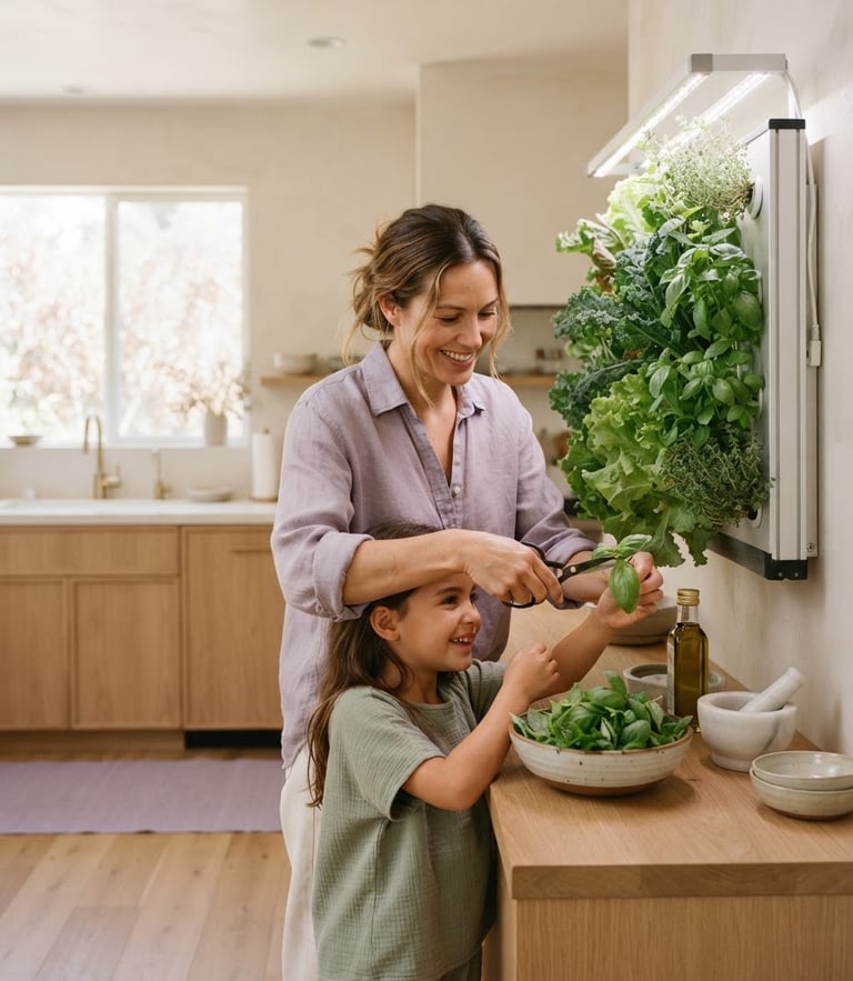 Warm editorial photography of a sun-drenched modern kitchen, a mother and daughter harvesting fresh greens from a sleek wall-mounted hydroponic garden, soft natural daylight, 35mm lens.
