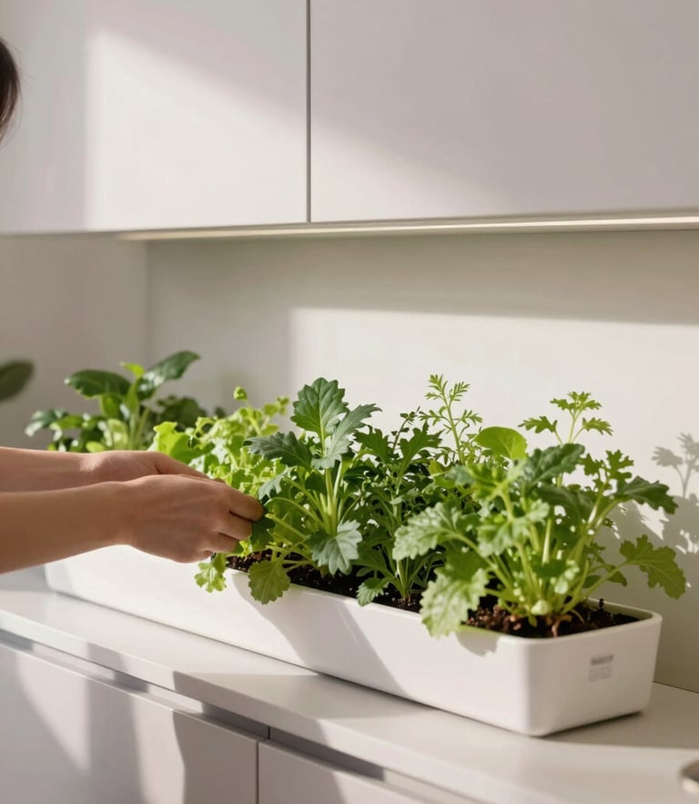 Warm editorial photograph of a sleek hydroponic indoor garden integrated into a modern kitchen wall, soft natural daylight, a person gently tending to fresh herbs, 35mm lens.