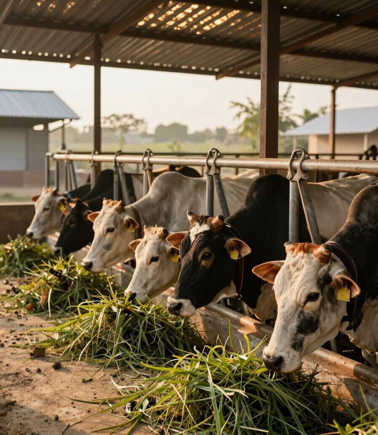 Warm documentary photography of a clean cow shelter in rural Uttar Pradesh, golden hour sunlight reflecting off the metal roof, healthy cows eating fresh green fodder, 35mm lens.