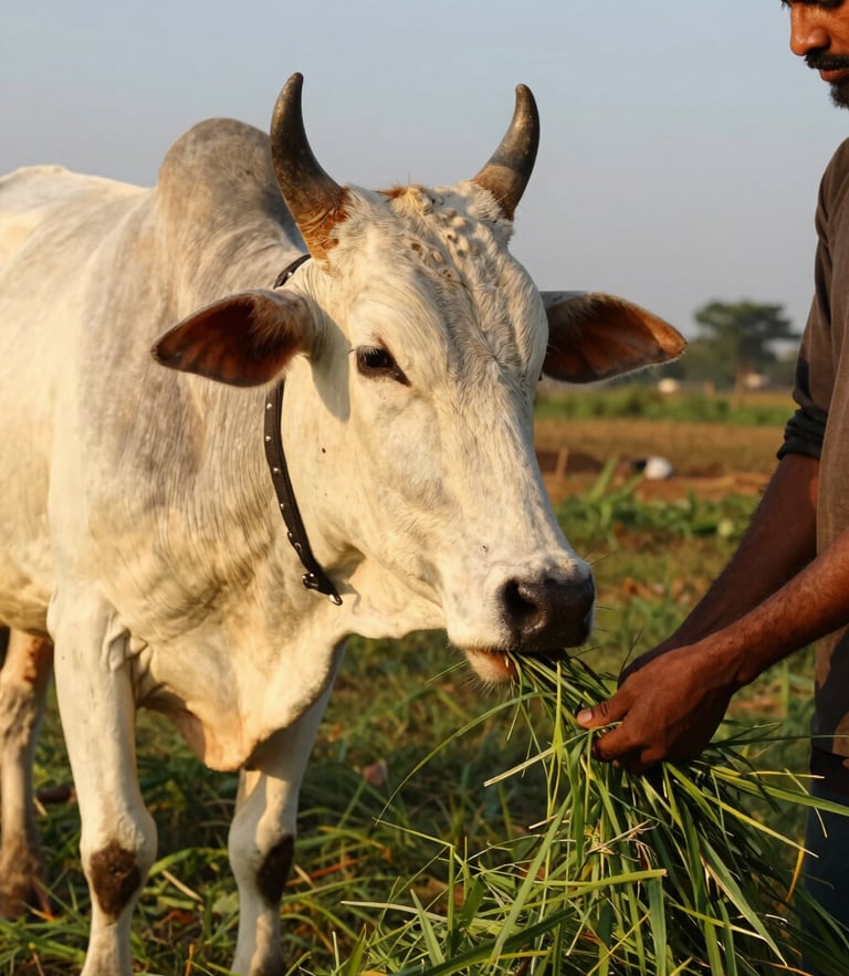 A warm portrait of a healthy Indian cow being gently fed green grass by a local volunteer, golden hour sunlight, 35mm lens