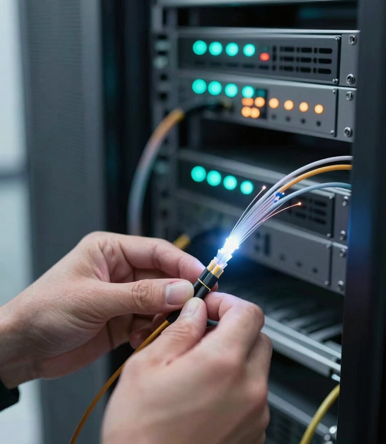 Close-up of a technician's hands carefully splicing a glowing fiber optic cable inside a modern server room, vibrant cyan and orange indicator lights in the background, shallow depth of field.