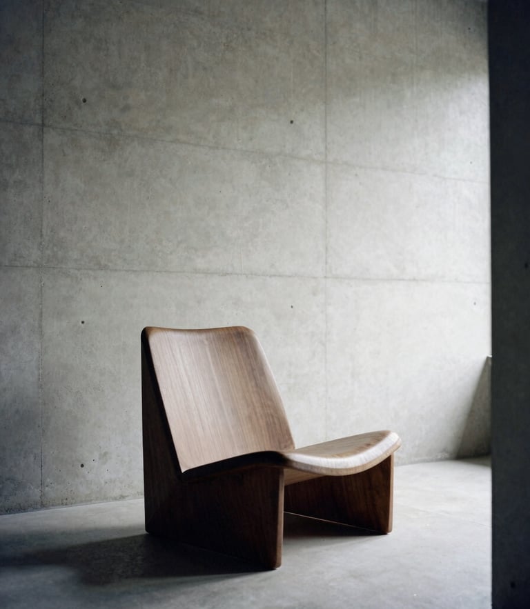 Low-angle architectural shot of a minimalist concrete room, a sculptural walnut lounge chair positioned in diffused side daylight, casting dramatic soft shadows.