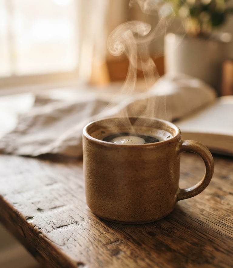Close-up of steam rising from a warm ceramic mug on a sun-drenched wooden table, soft morning window light, rich earthy tones, shallow depth of field.