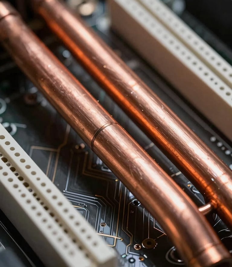 Extreme close-up macro shot of copper heat pipes and pristine motherboard circuitry, low-key workshop lighting with a sharp orange ambient glow reflecting off metallic surfaces, technical precision.