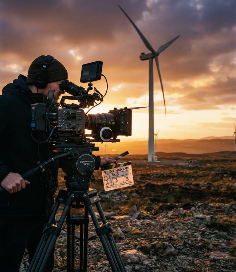 Behind-the-scenes shot of a professional camera rig on a heavy tripod, focusing on a massive industrial wind turbine in the background, warm sunset side-lighting, high-contrast, 35mm film grain.