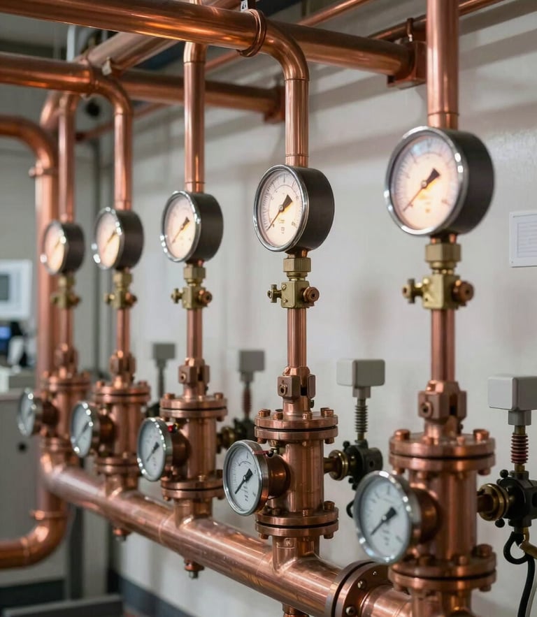 Bright daylight editorial photography of a modern commercial boiler room, clean copper piping, glowing pressure gauges, sharp focus, 35mm