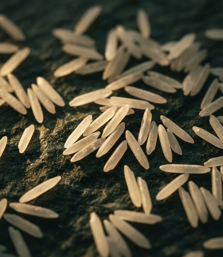Macro close-up of extra-long raw Basmati grains resting on dark textured stone, dramatic side-lighting catching golden highlights
