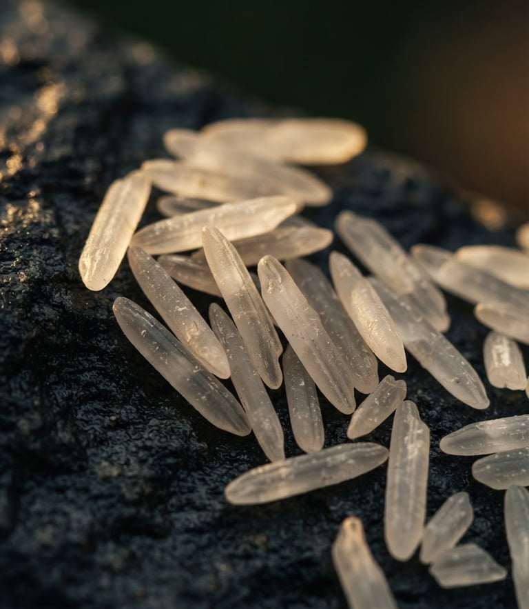 Extreme macro close-up of raw, extra-long Basmati rice grains resting on dark textured stone, dramatic side-lighting catching the translucent texture