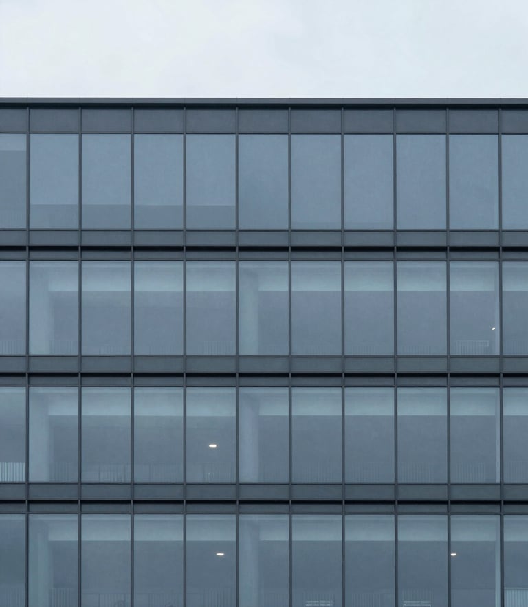 Minimalist architectural photography of a modern glass and steel facade, desaturated blue and slate tones, cool overcast daylight, sharp focus