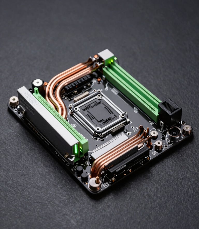 Macro shot of a high-end motherboard, clean copper heat pipes, subtle neon green LED backlighting, dark slate background, professional studio lighting
