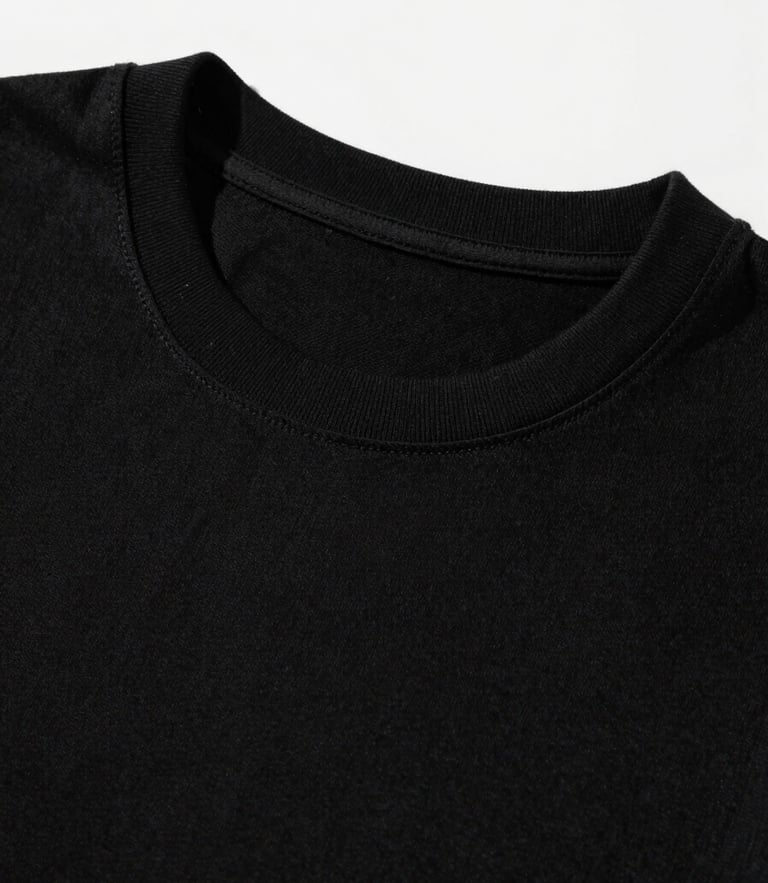 Sharp close-up studio photograph of a structured black T-shirt collar, direct sunlight casting sharp shadows on heavy cotton fabric texture.