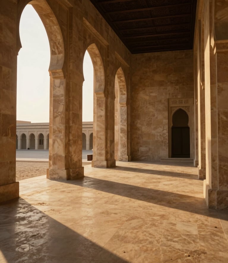 Extreme wide-angle architectural photograph of a soaring travertine colonnade at the Zayed Estate, low-sun golden hour casting dramatic long shadows across warm sand-toned floors, medium format