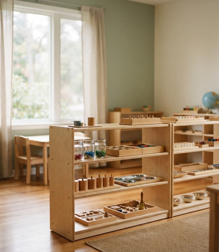 Soft-focus empty Montessori preschool classroom with natural wooden materials on low shelves, warm diffused daylight streaming through a window, muted sage and cream tones, shallow depth of field