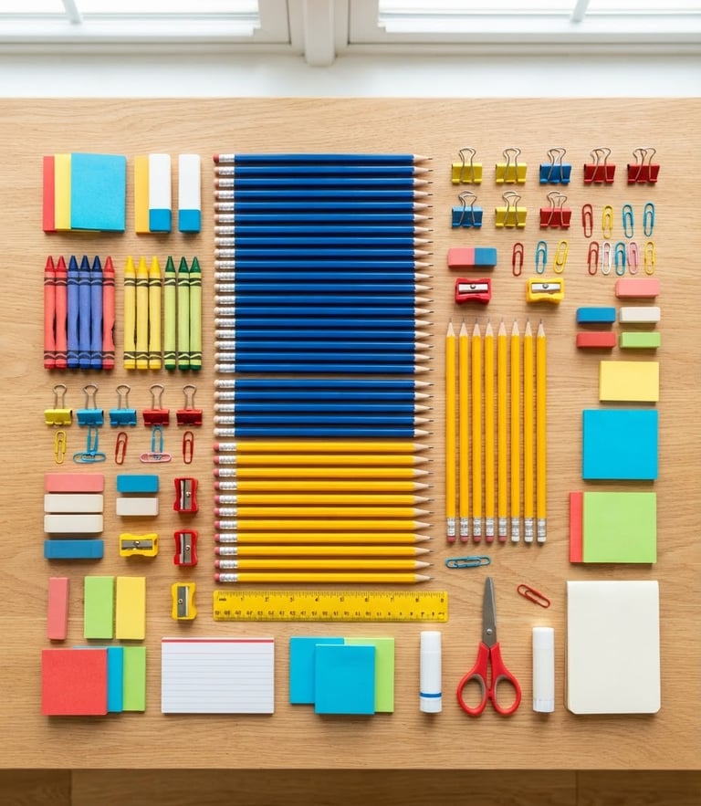 Bright overhead flat-lay of neatly organized colorful school supplies, royal blue and school-bus yellow pencils, clean natural daylight, sharp focus