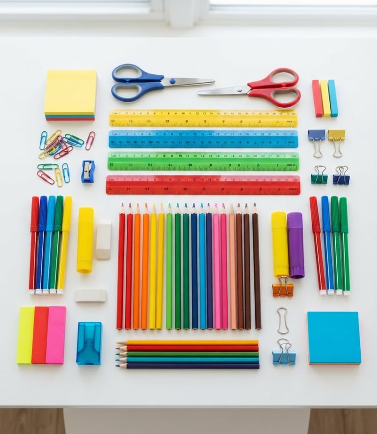 Overhead flat-lay of colorful school supplies, scissors, rulers, and colored pencils arranged neatly on a clean white desk, bright natural daylight