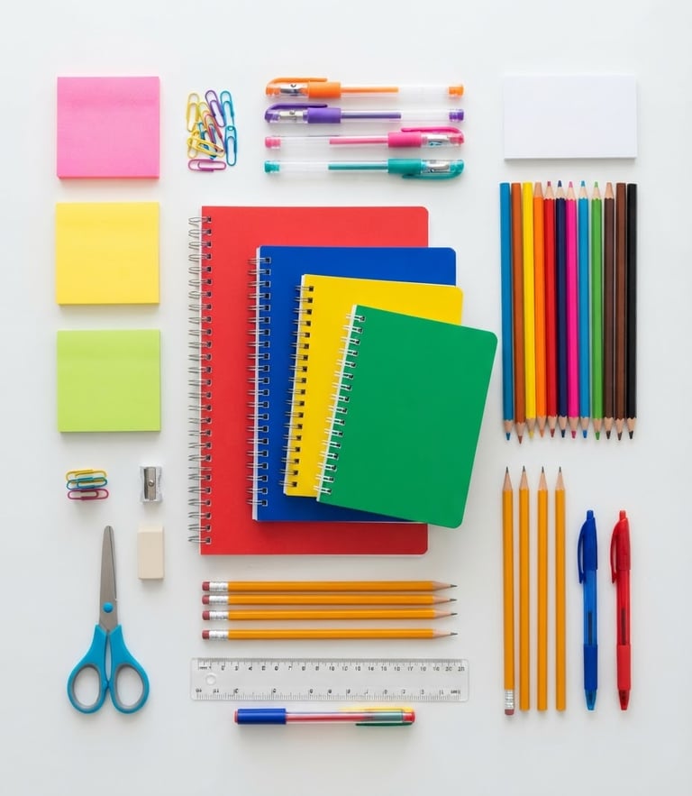 Overhead flat-lay of vibrant school supplies, clean natural daylight, colorful notebooks and pencils arranged neatly on a white background, sharp focus
