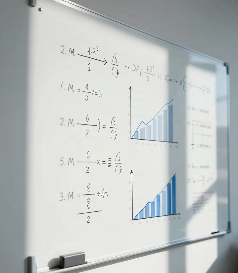 Abstract close-up of a whiteboard with complex mathematical formulas and sales charts, cool crisp office daylight, sharp shadows, 35mm